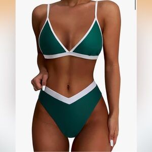 Classic V-Neck Emerald Green Bikini with White Trim